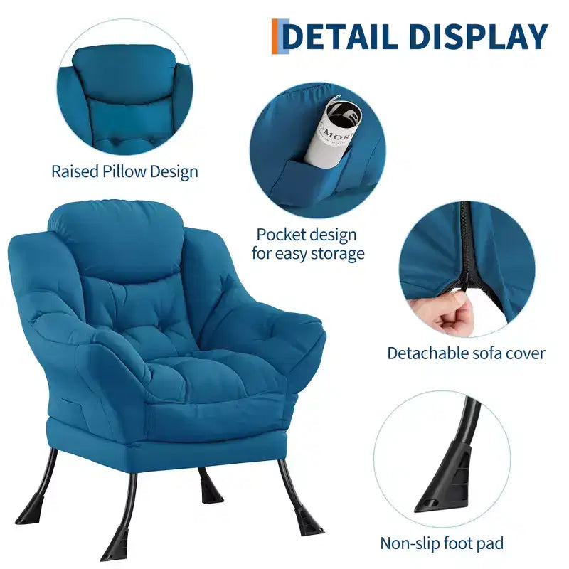 Fauteuil paresseux pour salon, grand fauteuil d'appoint moderne avec poche latérale, fauteuil de lecture confortable pour chambre à coucher, dortoir et bureau