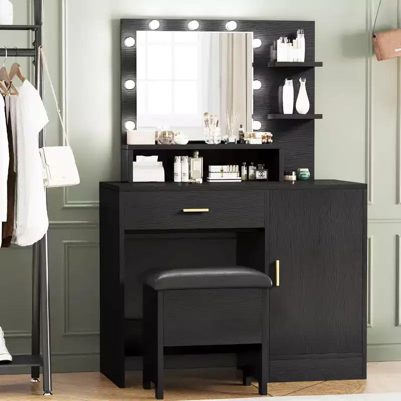 Acekool Black Vanity Desk Set with Mirror, Bulbs, Drawers, Shelves, Upholstered Stool, Storage Cabinet, Bedroom Dressing Table