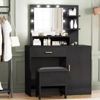 Acekool Black Vanity Desk Set with Mirror, Bulbs, Drawers, Shelves, Upholstered Stool, Storage Cabinet, Bedroom Dressing Table