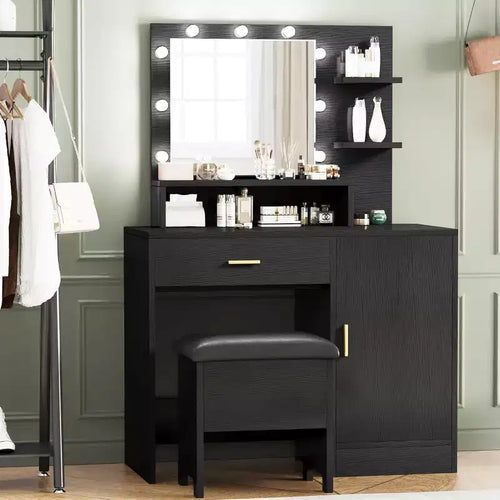 Acekool Black Vanity Desk Set with Mirror, Bulbs, Drawers, Shelves, Upholstered Stool, Storage Cabinet, Bedroom Dressing Table