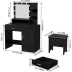 Acekool Ensemble de coiffeuse noire avec miroir, ampoules, tiroirs, étagères, tabouret rembourré, meuble de rangement, table de maquillage de chambre