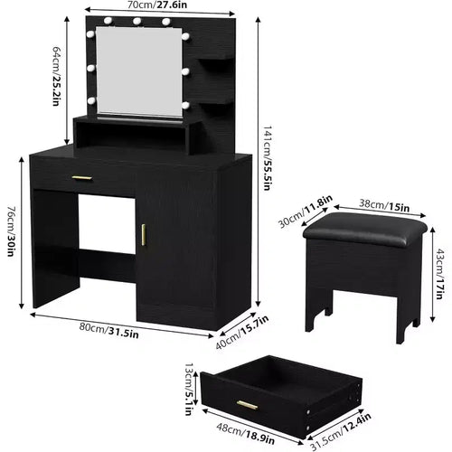Acekool Ensemble de coiffeuse noire avec miroir, ampoules, tiroirs, étagères, tabouret rembourré, meuble de rangement, table de maquillage de chambre