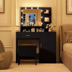 Acekool Ensemble de coiffeuse noire avec miroir, ampoules, tiroirs, étagères, tabouret rembourré, meuble de rangement, table de maquillage de chambre
