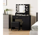Acekool Ensemble de coiffeuse noire avec miroir, ampoules, tiroirs, étagères, tabouret rembourré, meuble de rangement, table de maquillage de chambre