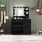 Acekool Ensemble de coiffeuse noire avec miroir, ampoules, tiroirs, étagères, tabouret rembourré, meuble de rangement, table de maquillage de chambre