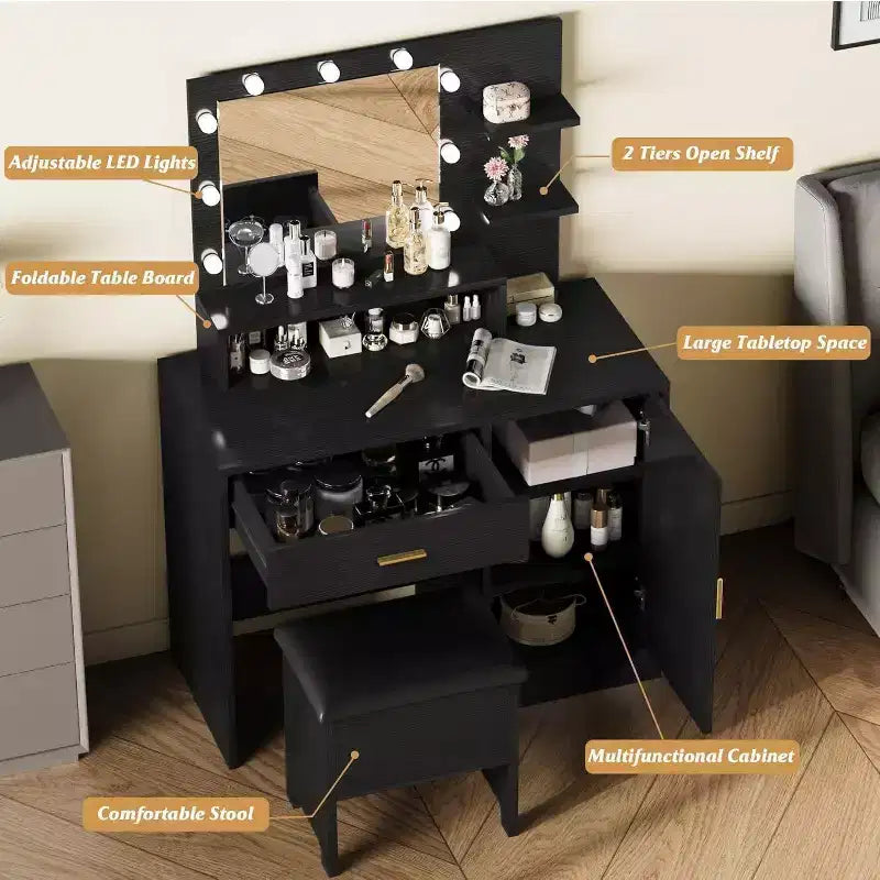 Acekool Ensemble de coiffeuse noire avec miroir, ampoules, tiroirs, étagères, tabouret rembourré, meuble de rangement, table de maquillage de chambre