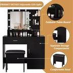 Acekool Ensemble de coiffeuse noire avec miroir, ampoules, tiroirs, étagères, tabouret rembourré, meuble de rangement, table de maquillage de chambre