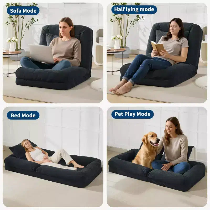 64.9 Grand pouf géant pour adultes et animaux domestiques avec 5 positions réglables, 2 coussins moelleux, chaise longue pouf en chenille