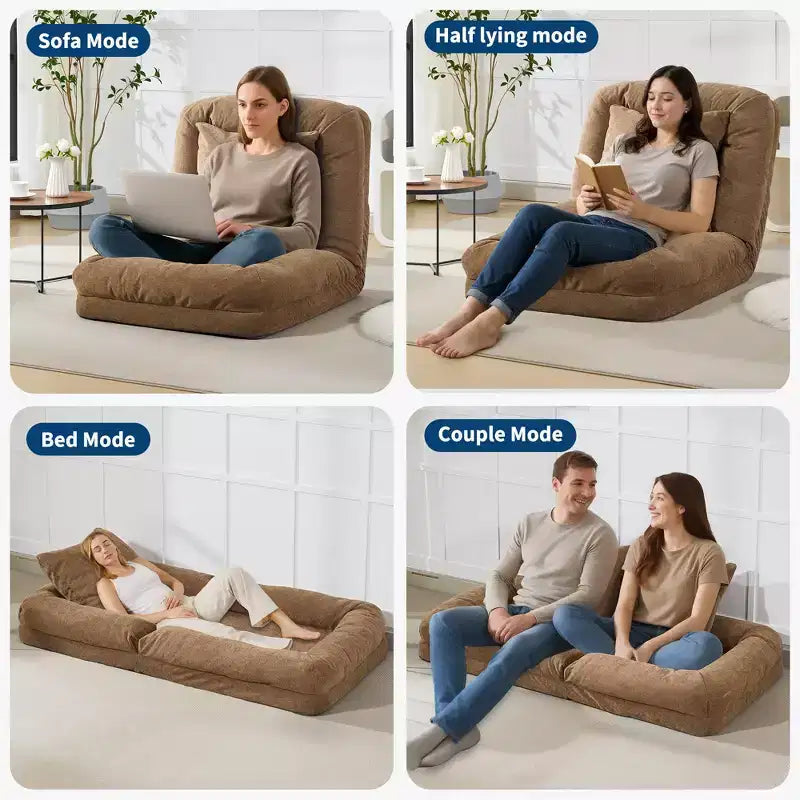 64.9 Grand pouf géant pour adultes et animaux domestiques avec 5 positions réglables, 2 coussins moelleux, chaise longue pouf en chenille