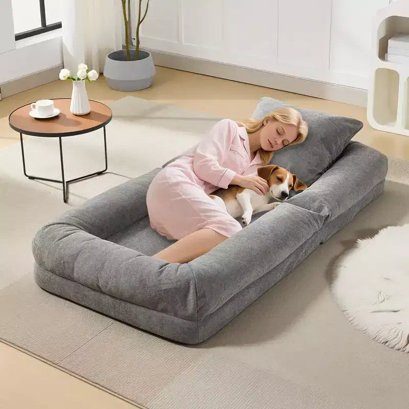 64.9 Grand pouf géant pour adultes et animaux domestiques avec 5 positions réglables, 2 coussins moelleux, chaise longue pouf en chenille