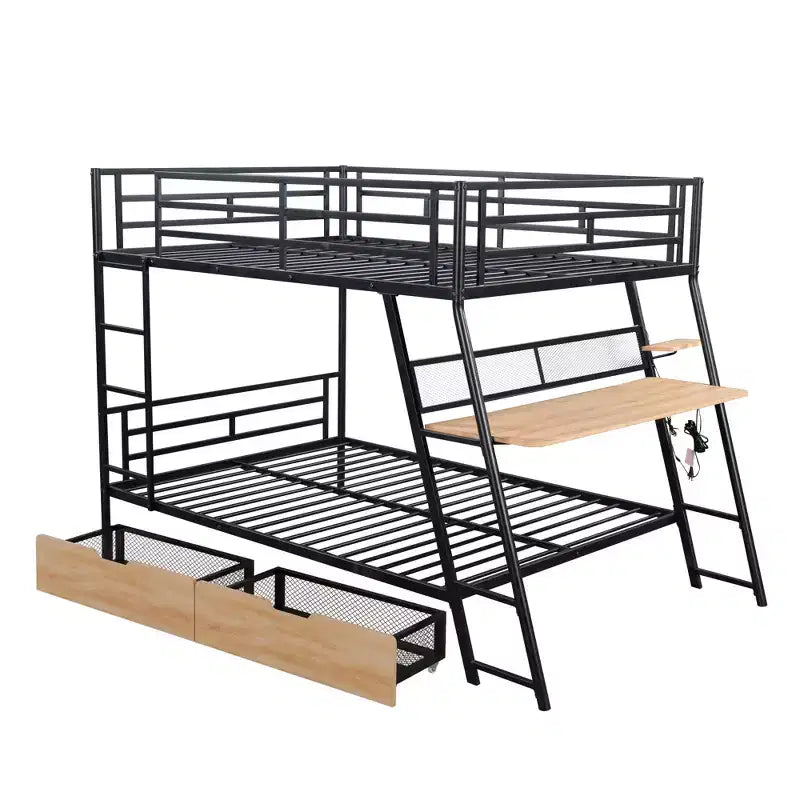 Lit superposé en métal double de taille normale avec bureau, lit superposé en métal robuste double avec lumière et 2 tiroirs, noir