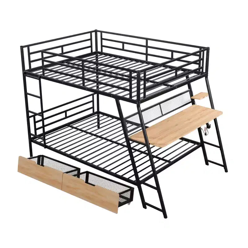 Lit superposé en métal double de taille normale avec bureau, lit superposé en métal robuste double avec lumière et 2 tiroirs, noir