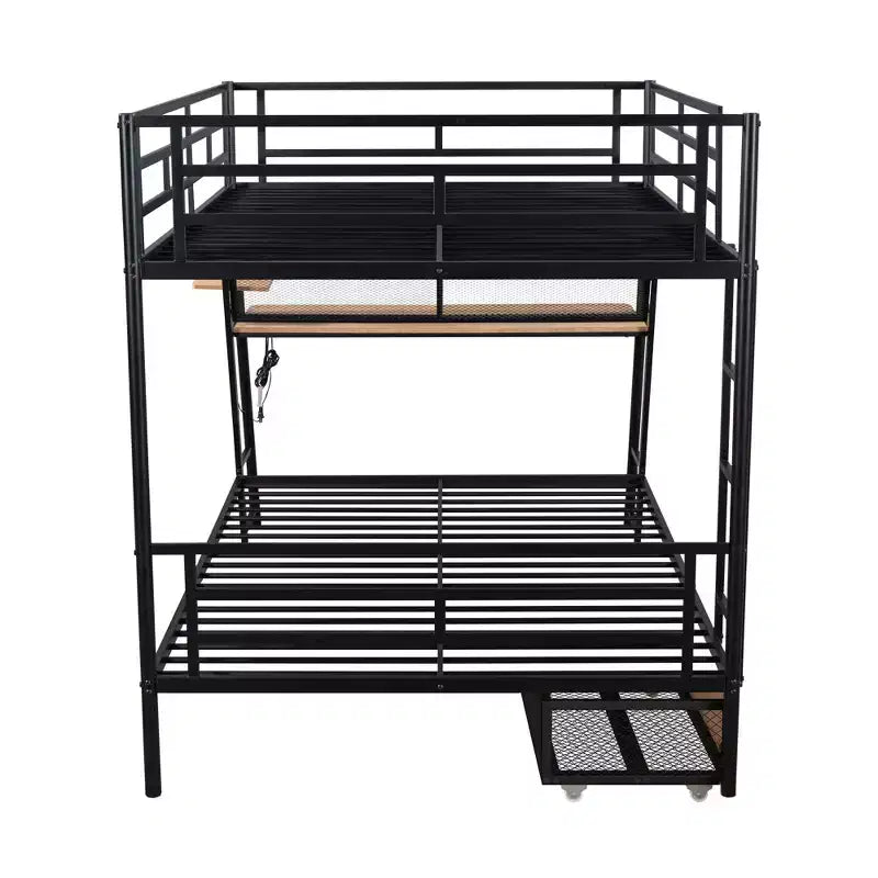 Lit superposé en métal double de taille normale avec bureau, lit superposé en métal robuste double avec lumière et 2 tiroirs, noir