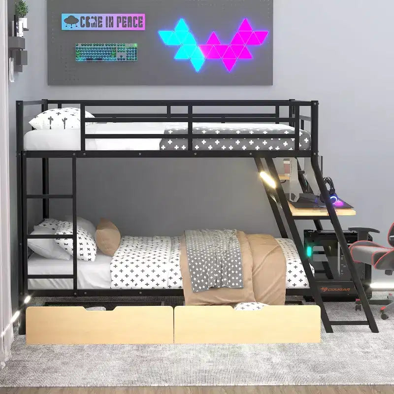 Lit superposé en métal double de taille normale avec bureau, lit superposé en métal robuste double avec lumière et 2 tiroirs, noir