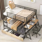 Lit superposé en métal double de taille normale avec bureau, lit superposé en métal robuste double avec lumière et 2 tiroirs, noir