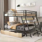 Lit superposé en métal double de taille normale avec bureau, lit superposé en métal robuste double avec lumière et 2 tiroirs, noir