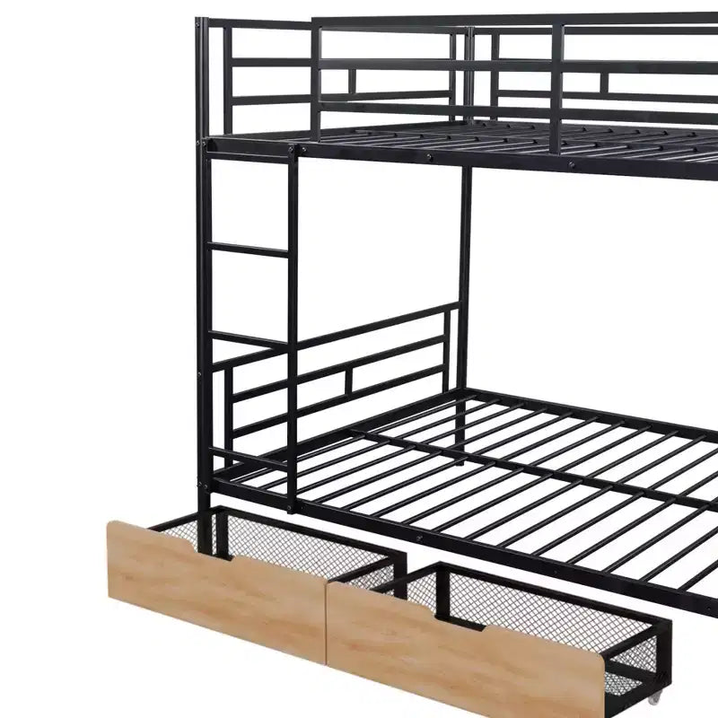 Lit superposé en métal double de taille normale avec bureau, lit superposé en métal robuste double avec lumière et 2 tiroirs, noir