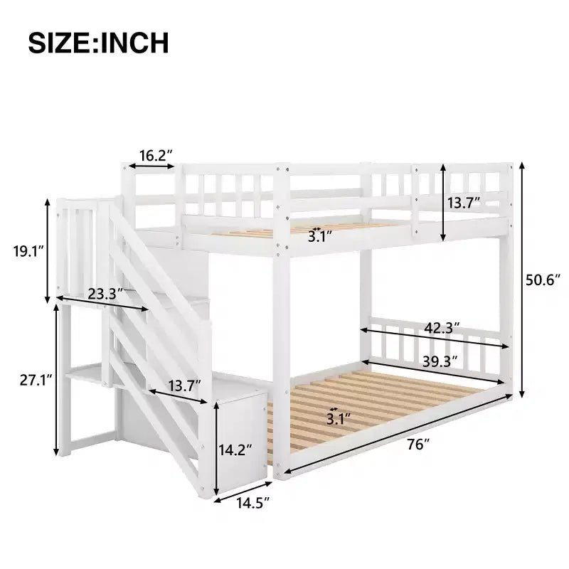 Lit superposé jumeau sur jumeau avec escalier et rangements pour adolescents, lits superposés bas en bois massif avec lattes de support en bois