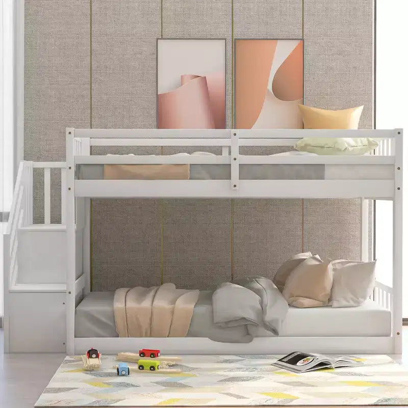 Lit superposé jumeau sur jumeau avec escalier et rangements pour adolescents, lits superposés bas en bois massif avec lattes de support en bois