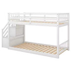 Lit superposé jumeau sur jumeau avec escalier et rangements pour adolescents, lits superposés bas en bois massif avec lattes de support en bois