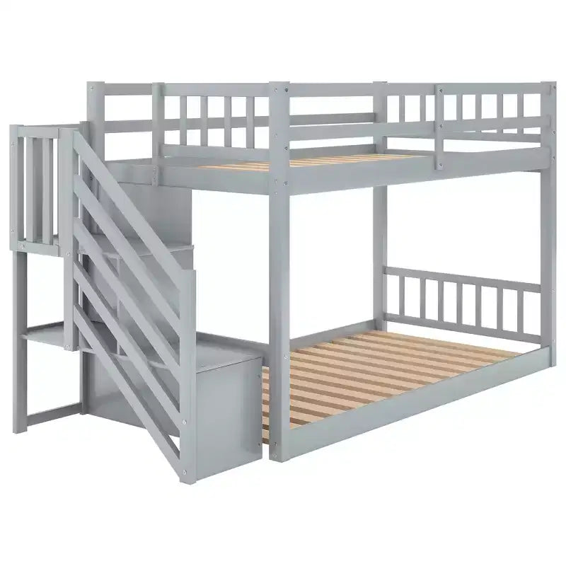Lit superposé jumeau sur jumeau avec escalier et rangements pour adolescents, lits superposés bas en bois massif avec lattes de support en bois