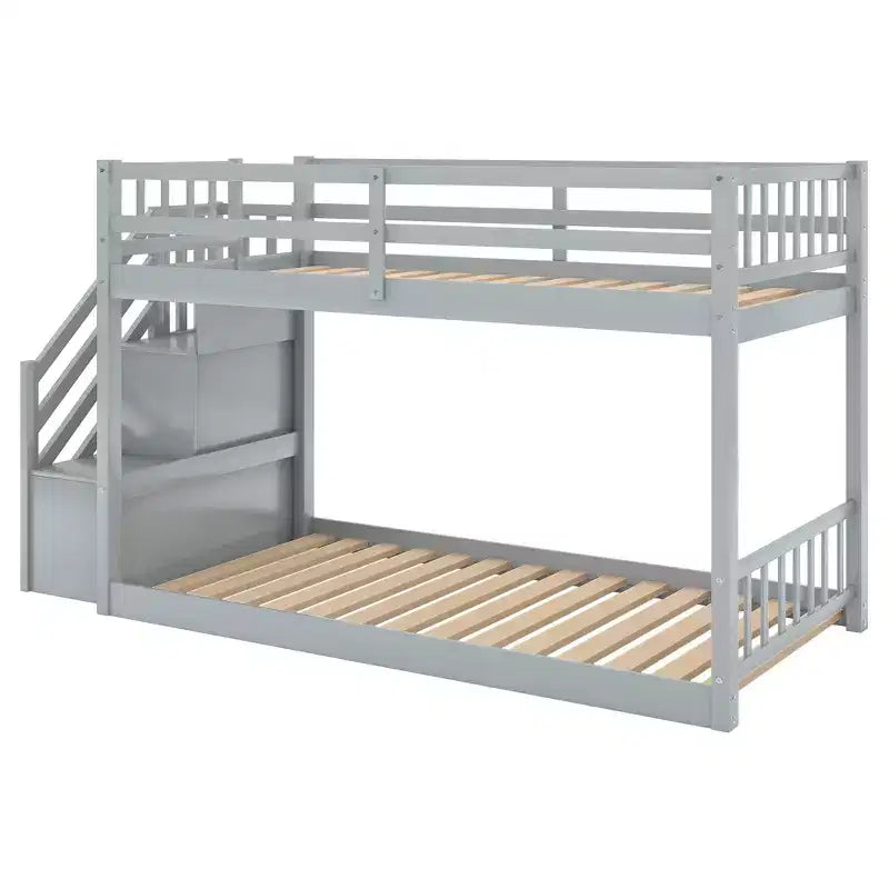 Lit superposé jumeau sur jumeau avec escalier et rangements pour adolescents, lits superposés bas en bois massif avec lattes de support en bois