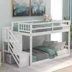 Lit superposé jumeau sur jumeau avec escalier et rangements pour adolescents, lits superposés bas en bois massif avec lattes de support en bois