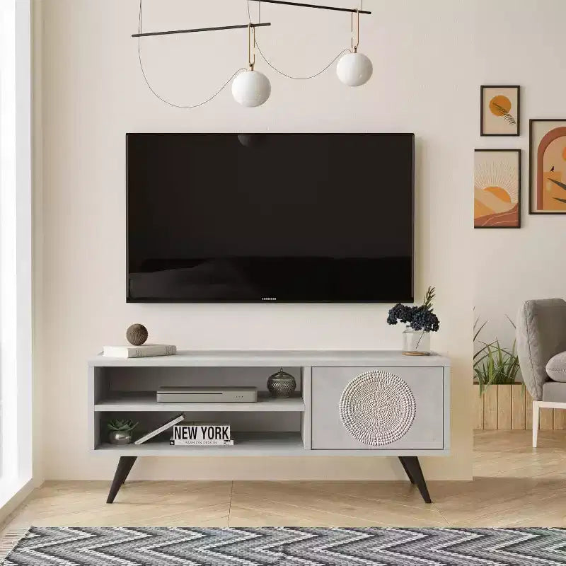 Meuble TV Cloud HomeStock avec pieds en bois 109 cm Pierre - Impression UV