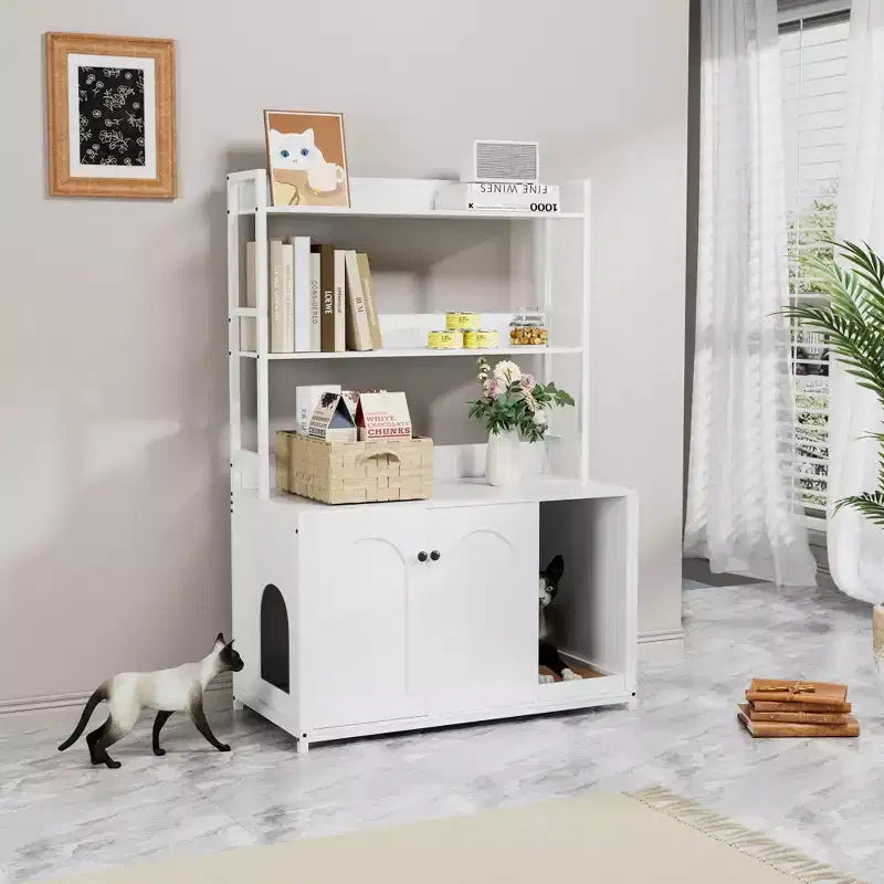 Meuble Cache-litière Grand COZONY avec Étagères et Portes, Meuble Cache-litière Chat 52, Cache-litière Dissimulé avec Griffoir