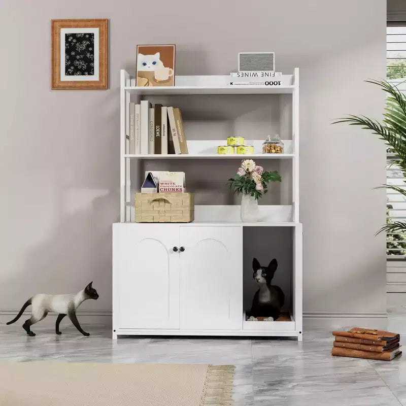 Meuble Cache-litière Grand COZONY avec Étagères et Portes, Meuble Cache-litière Chat 52, Cache-litière Dissimulé avec Griffoir