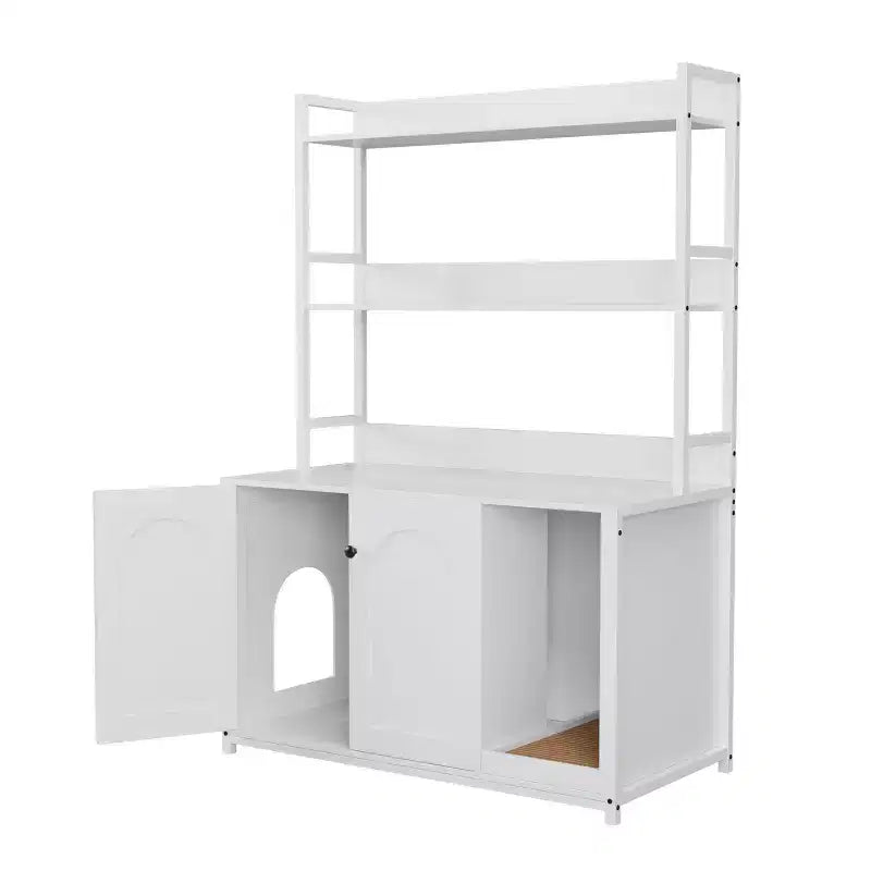 Meuble Cache-litière Grand COZONY avec Étagères et Portes, Meuble Cache-litière Chat 52, Cache-litière Dissimulé avec Griffoir