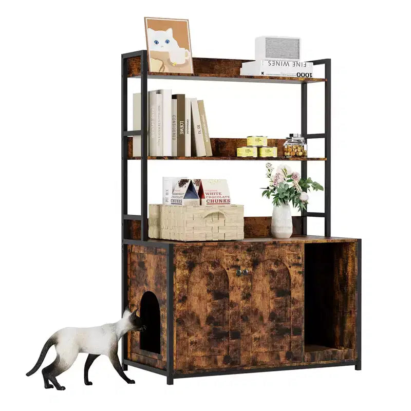 Meuble Cache-litière Grand COZONY avec Étagères et Portes, Meuble Cache-litière Chat 52, Cache-litière Dissimulé avec Griffoir