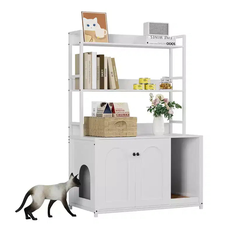 Meuble Cache-litière Grand COZONY avec Étagères et Portes, Meuble Cache-litière Chat 52, Cache-litière Dissimulé avec Griffoir