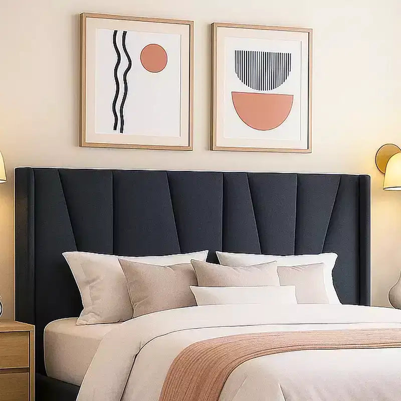Lit plateforme avec tête de lit géométrique à oreilles, lit capitonné moderne avec support à lattes en bois, pas besoin de sommier, montage facile