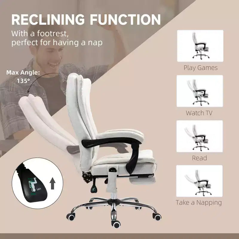Chaise de bureau de massage Vinsetto à 6 points et chauffante, chaise d'ordinateur inclinable avec hauteur et repose-pieds réglables, blanche