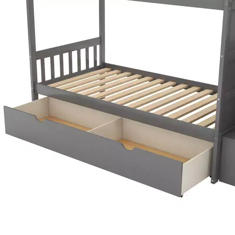 Lits superposés jumeaux avec escalier et tiroirs pour enfants, lits superposés en bois jumeaux avec escalier et armoire de rangement