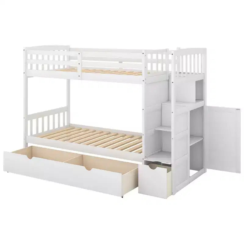 Lits superposés jumeaux avec escalier et tiroirs pour enfants, lits superposés en bois jumeaux avec escalier et armoire de rangement