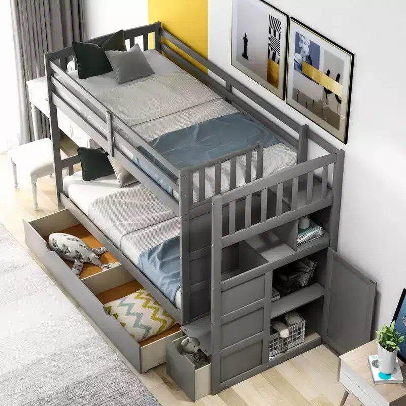 Lits superposés jumeaux avec escalier et tiroirs pour enfants, lits superposés en bois jumeaux avec escalier et armoire de rangement