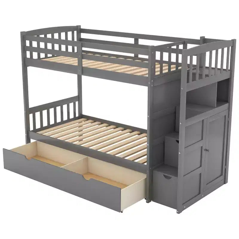 Lits superposés jumeaux avec escalier et tiroirs pour enfants, lits superposés en bois jumeaux avec escalier et armoire de rangement