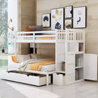 Lits superposés jumeaux avec escalier et tiroirs pour enfants, lits superposés en bois jumeaux avec escalier et armoire de rangement