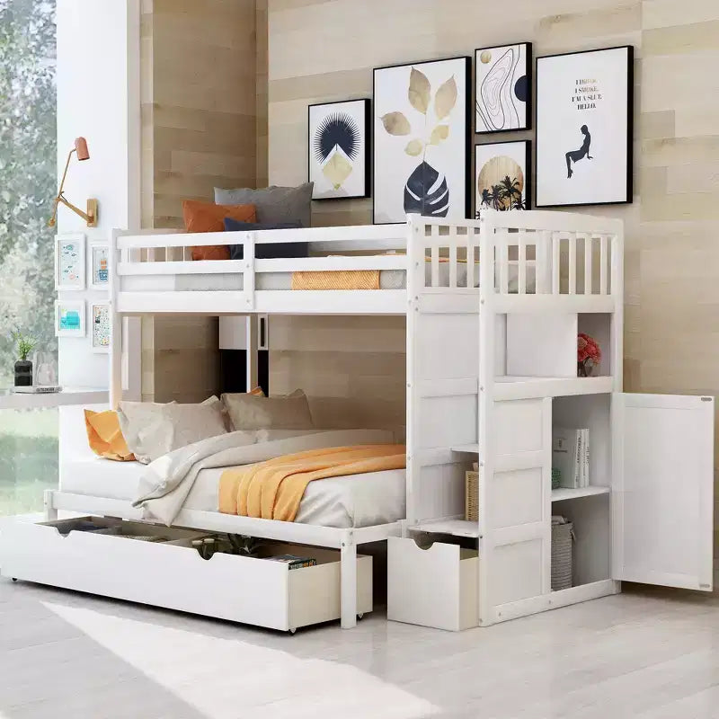 Lits superposés jumeaux avec escalier et tiroirs pour enfants, lits superposés en bois jumeaux avec escalier et armoire de rangement