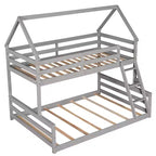 Lit superposé double sur plein en bois, Cadre de lit maison en bois massif avec échelle intégrée, Convertible en 2 lits, Lit superposé bas pour enfants et adolescents