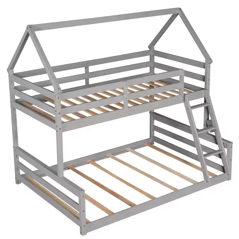 Lit superposé double sur plein en bois, Cadre de lit maison en bois massif avec échelle intégrée, Convertible en 2 lits, Lit superposé bas pour enfants et adolescents