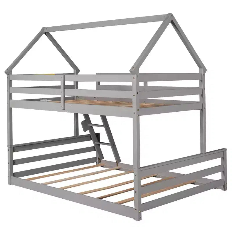 Lit superposé double sur plein en bois, Cadre de lit maison en bois massif avec échelle intégrée, Convertible en 2 lits, Lit superposé bas pour enfants et adolescents