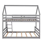 Lit superposé double sur plein en bois, Cadre de lit maison en bois massif avec échelle intégrée, Convertible en 2 lits, Lit superposé bas pour enfants et adolescents