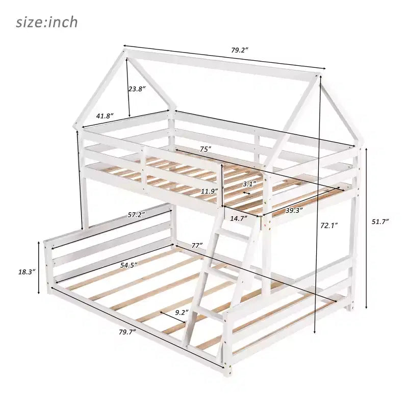 Lit superposé double sur plein en bois, Cadre de lit maison en bois massif avec échelle intégrée, Convertible en 2 lits, Lit superposé bas pour enfants et adolescents