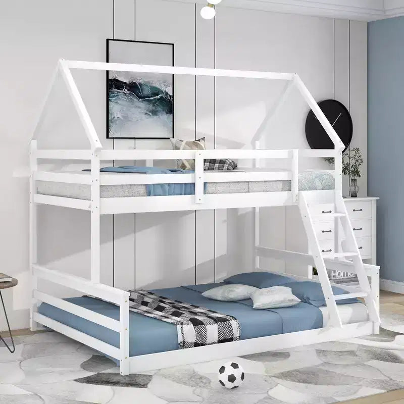Lit superposé double sur plein en bois, Cadre de lit maison en bois massif avec échelle intégrée, Convertible en 2 lits, Lit superposé bas pour enfants et adolescents
