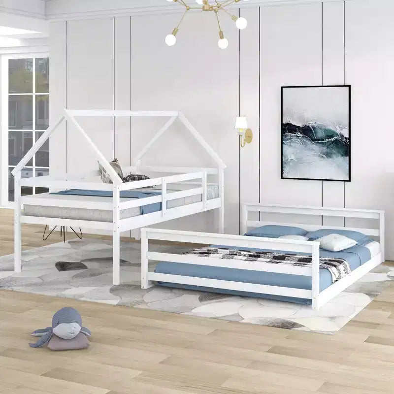 Lit superposé double sur plein en bois, Cadre de lit maison en bois massif avec échelle intégrée, Convertible en 2 lits, Lit superposé bas pour enfants et adolescents