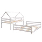 Lit superposé double sur plein en bois, Cadre de lit maison en bois massif avec échelle intégrée, Convertible en 2 lits, Lit superposé bas pour enfants et adolescents