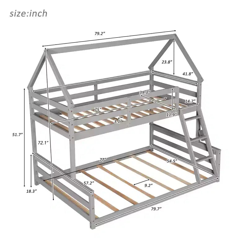 Lit superposé double sur plein en bois, Cadre de lit maison en bois massif avec échelle intégrée, Convertible en 2 lits, Lit superposé bas pour enfants et adolescents